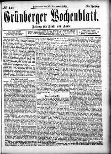 Gr&uuml;nberger Wochenblatt: Zeitung f&uuml;r Stadt und Land, No. 143. (26. November 1892)
