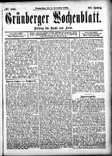 Grünberger Wochenblatt: Zeitung für Stadt und Land, No. 145. (1. December 1892)