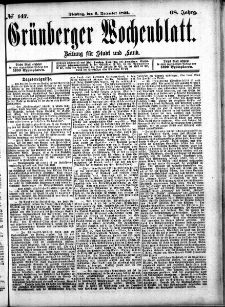 Grünberger Wochenblatt: Zeitung für Stadt und Land, No. 147. (6. December 1892)