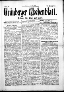 Gr&uuml;nberger Wochenblatt: Zeitung f&uuml;r Stadt und Land, No. 13. ( 1. M&auml;rz 1912 )