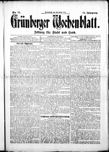 Gr&uuml;nberger Wochenblatt: Zeitung f&uuml;r Stadt und Land, No. 44. ( 13. April 1912 )