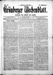 Gr&uuml;nberger Wochenblatt: Zeitung f&uuml;r Stadt und Land, No. 63. ( 29. Mai 1912 )