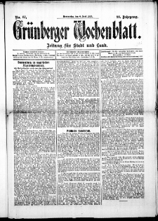 Gr&uuml;nberger Wochenblatt: Zeitung f&uuml;r Stadt und Land, No. 67. ( 6. Juni 1912 )