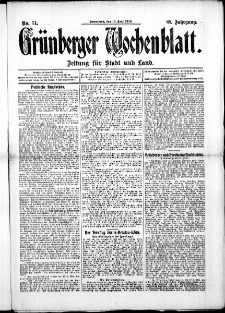 Gr&uuml;nberger Wochenblatt: Zeitung f&uuml;r Stadt und Land, No. 71. ( 15. Juni 1912 )