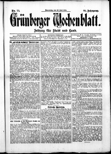 Gr&uuml;nberger Wochenblatt: Zeitung f&uuml;r Stadt und Land, No. 73. ( 20. Juni 1912 )
