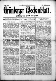 Gr&uuml;nberger Wochenblatt: Zeitung f&uuml;r Stadt und Land, No. 84. ( 16. Julii 1912 )