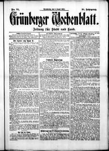 Gr&uuml;nberger Wochenblatt: Zeitung f&uuml;r Stadt und Land, No. 91. ( 1. August 1912 )