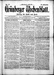 Gr&uuml;nberger Wochenblatt: Zeitung f&uuml;r Stadt und Land, No. 94. ( 8. August 1912 )