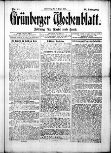 Grünberger Wochenblatt: Zeitung für Stadt und Land, No. 94. ( 8. August 1912 )