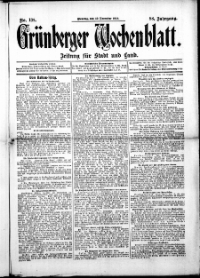 Gr&uuml;nberger Wochenblatt: Zeitung f&uuml;r Stadt und Land, No. 138. ( 19. November 1912 )