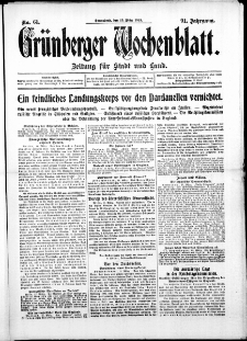 Gr&uuml;nberger Wochenblatt: Zeitung f&uuml;r Stadt und Land, No. 61. ( 3. M&auml;rz 1915 )