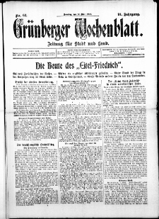 Gr&uuml;nberger Wochenblatt: Zeitung f&uuml;r Stadt und Land, No. 62. ( 14. M&auml;rz 1915 )