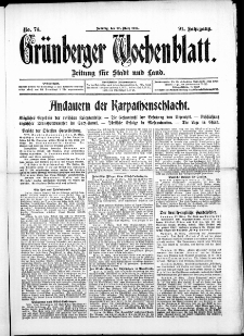 Grünberger Wochenblatt: Zeitung für Stadt und Land, No. 74. ( 28. März 1915 )