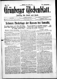 Gr&uuml;nberger Wochenblatt: Zeitung f&uuml;r Stadt und Land, No. 76. ( 31. M&auml;rz 1915 )