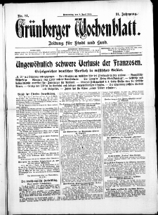 Gr&uuml;nberger Wochenblatt: Zeitung f&uuml;r Stadt und Land, No. 81. ( 8. April 1915 )