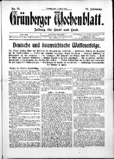 Grünberger Wochenblatt: Zeitung für Stadt und Land, No. 85. ( 13. April 1915 )