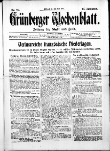 Gr&uuml;nberger Wochenblatt: Zeitung f&uuml;r Stadt und Land, No. 86. ( 14. April 1915 )