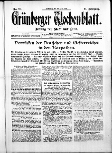 Gr&uuml;nberger Wochenblatt: Zeitung f&uuml;r Stadt und Land, No. 87. ( 15. April 1915 )