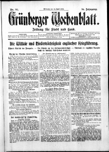 Gr&uuml;nberger Wochenblatt: Zeitung f&uuml;r Stadt und Land, No. 92. ( 21. April 1915 )