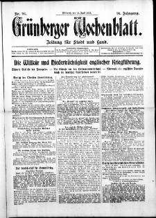 Grünberger Wochenblatt: Zeitung für Stadt und Land, No. 92. ( 21. April 1915 )