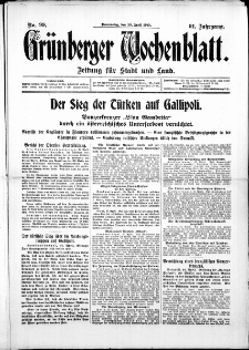 Gr&uuml;nberger Wochenblatt: Zeitung f&uuml;r Stadt und Land, No. 99. ( 29. April 1915 )