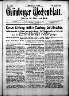 Grünberger Wochenblatt: Zeitung für Stadt und Land, No. 144. ( 23. Juni 1915 )