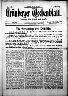 Gr&uuml;nberger Wochenblatt: Zeitung f&uuml;r Stadt und Land, No. 145. ( 24. Juni 1915 )