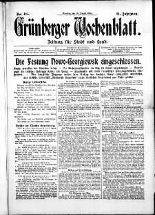 Gr&uuml;nberger Wochenblatt: Zeitung f&uuml;r Stadt und Land, No. 185. ( 10. August 1915 )