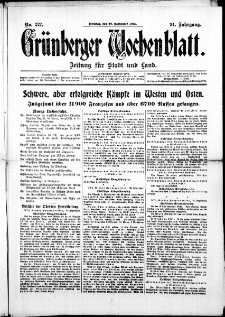 Gr&uuml;nberger Wochenblatt: Zeitung f&uuml;r Stadt und Land, No. 227. ( 28. September 1915 )