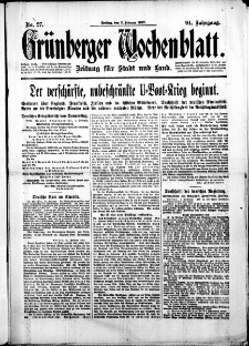Grünberger Wochenblatt: Zeitung für Stadt und Land, No. 27. ( 2. Februar 1917 )