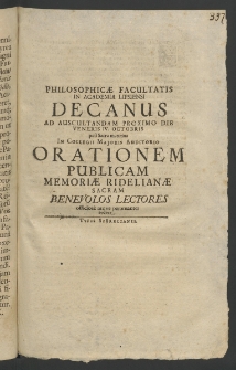 Philosophicae Facultatis in Academia Lipsiensi Decanus ad ascultandam proximo die veneris IV Octobris, post sacra matutina in Collegii Maioris Auditorio [...]