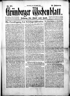 Gr&uuml;nberger Wochenblatt: Zeitung f&uuml;r Stadt und Land, No.197. ( 23. August 1919 )