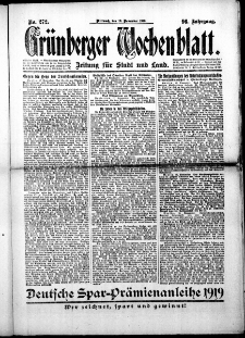 Grünberger Wochenblatt: Zeitung für Stadt und Land, No.272. ( 19. November 1919 )