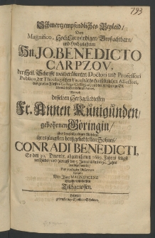Schmertzempfindliches Beyleid, dem Magnifico, Hoch-Ehrwürdigen ... Hn. Jo. Benedicto Carpzov, der Heil. Schrifft... Doctori und Professori Publico, ... und der Kirchen zu St. Thoma [...]