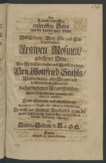 Aus Jammer-vollen Hertz entsprossene Zeilen über den Trauer-vollen Abschied der ... Frauen Rosinen, gebohrner Ottin [...]