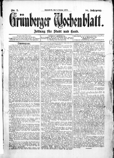 Gr&uuml;nberger Wochenblatt: Zeitung f&uuml;r Stadt und Land, No.1. ( 1. Januar 1908 )