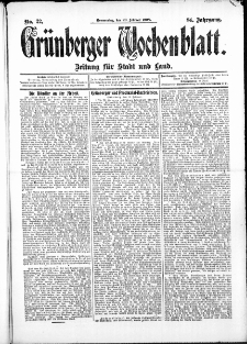 Gr&uuml;nberger Wochenblatt: Zeitung f&uuml;r Stadt und Land, No.22. ( 20. Februar 1908 )