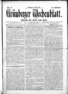 Gr&uuml;nberger Wochenblatt: Zeitung f&uuml;r Stadt und Land, No.27. ( 3. M&auml;rz 1908 )