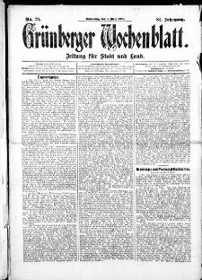 Gr&uuml;nberger Wochenblatt: Zeitung f&uuml;r Stadt und Land, No.28. ( 5. M&auml;rz 1908 )