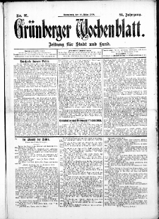 Gr&uuml;nberger Wochenblatt: Zeitung f&uuml;r Stadt und Land, No.32. ( 14. M&auml;rz 1908 )