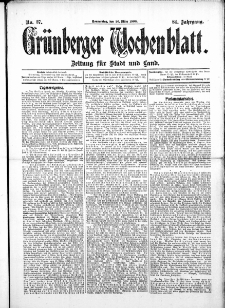 Gr&uuml;nberger Wochenblatt: Zeitung f&uuml;r Stadt und Land, No.37. ( 26. M&auml;rz 1908 )