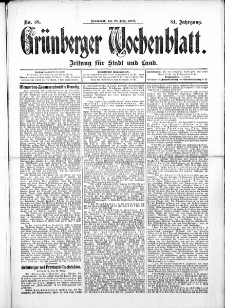 Gr&uuml;nberger Wochenblatt: Zeitung f&uuml;r Stadt und Land, No.38. ( 28. M&auml;rz 1908 )