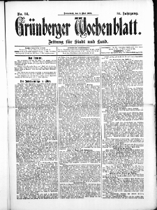 Gr&uuml;nberger Wochenblatt: Zeitung f&uuml;r Stadt und Land, No.56. ( 9. Mai 1908 )