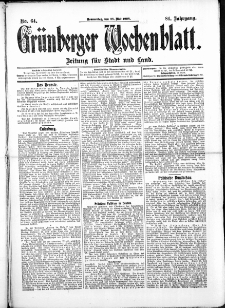 Gr&uuml;nberger Wochenblatt: Zeitung f&uuml;r Stadt und Land, No.64. ( 28. Mai 1908 )