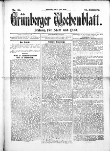 Gr&uuml;nberger Wochenblatt: Zeitung f&uuml;r Stadt und Land, No.67. ( 4. Juni 1908 )