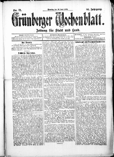 Gr&uuml;nberger Wochenblatt: Zeitung f&uuml;r Stadt und Land, No.72. ( 16. Juni 1908 )