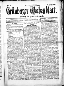 Gr&uuml;nberger Wochenblatt: Zeitung f&uuml;r Stadt und Land, No.73. ( 18. Juni 1908 )