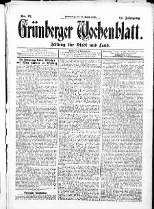 Gr&uuml;nberger Wochenblatt: Zeitung f&uuml;r Stadt und Land, No.97. ( 13. August 1908 )
