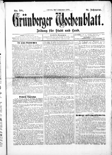 Gr&uuml;nberger Wochenblatt: Zeitung f&uuml;r Stadt und Land, No.108. ( 8. September 1908 )