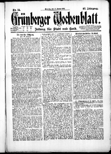 Gr&uuml;nberger Wochenblatt: Zeitung f&uuml;r Stadt und Land, No. 14. ( 18. Januar 1921 )